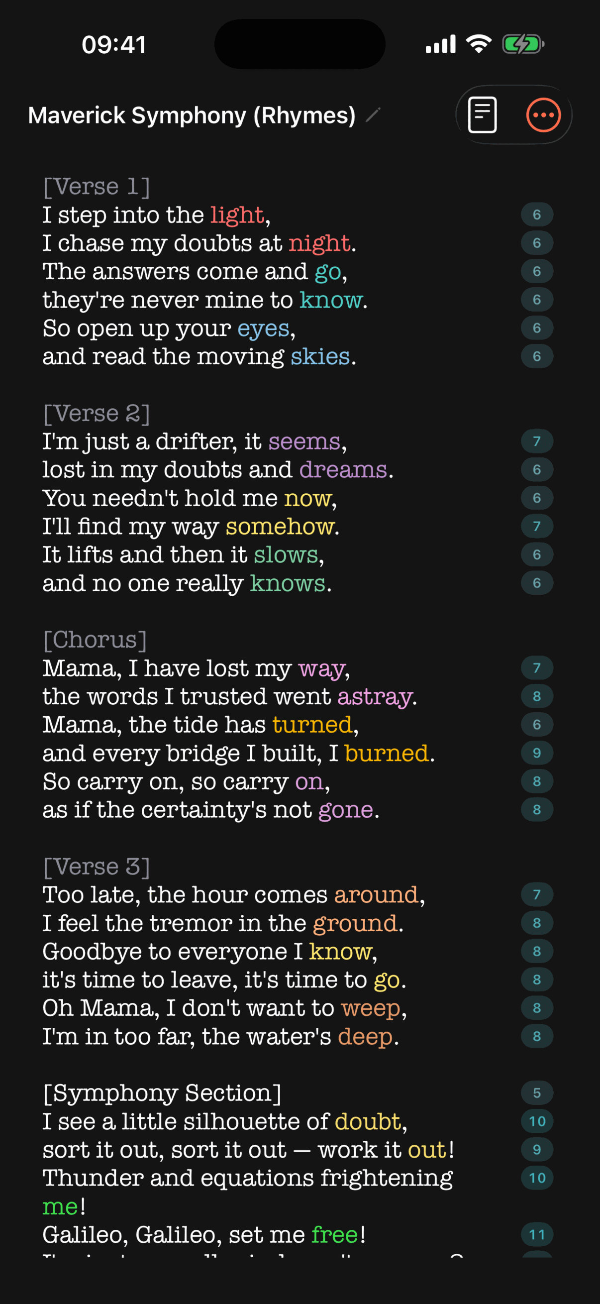 Songwriter Studio editor showing color-coded rhyme highlights and per-line syllable counts